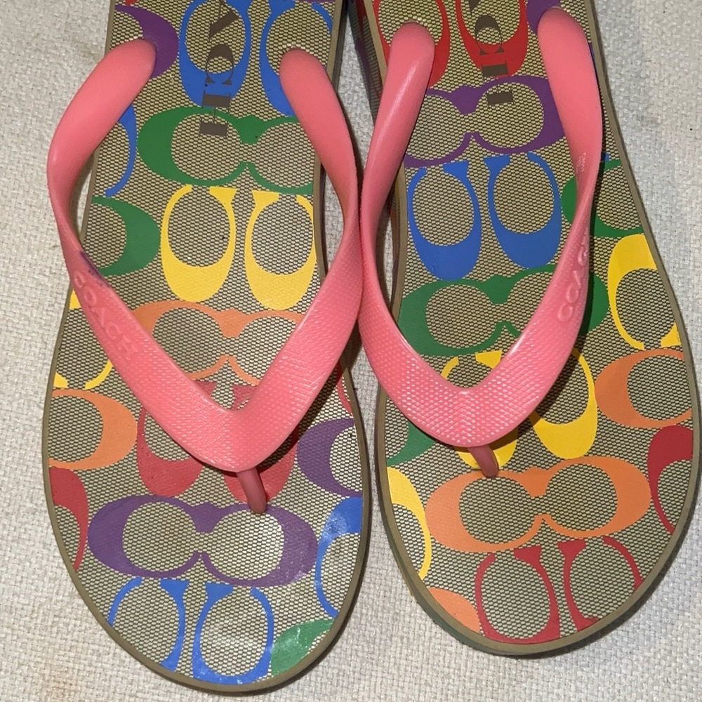 Coach Multicolor Logo Flip Flops with Pink Straps